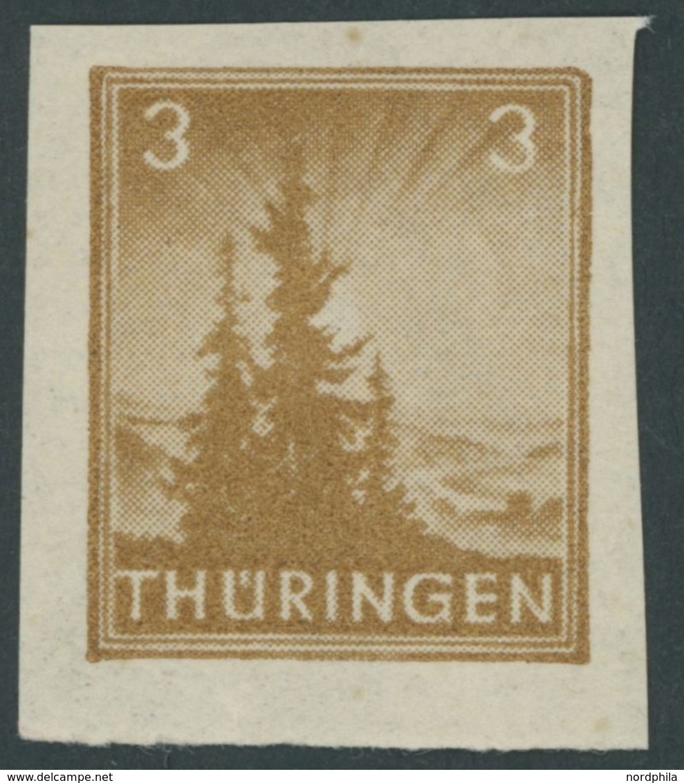 THÜRINGEN 92V3 *, 1946, Versuchsdruck: 3 Pf. Dunkelbraunocker, Falzrest, Pracht, Kurzbefund Dr. Jasch - Other & Unclassified