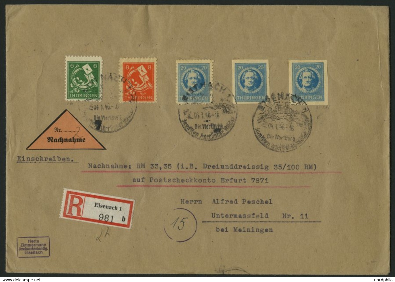 THÜRINGEN 95/6,98A/B BRIEF, 1945, 6 Pf., 8 Pf. Und 20 Pf. Gezähnt Und Ungezähnt Auf Portogerechtem Nachnahme-Einschreibb - Altri & Non Classificati