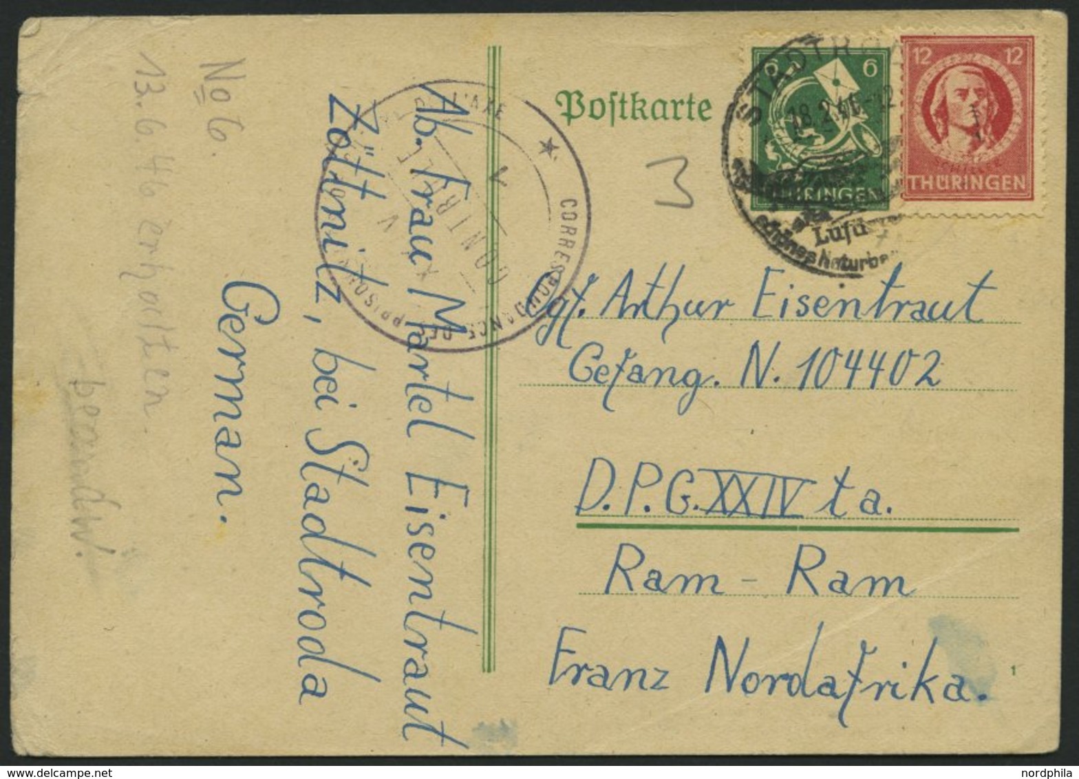 THÜRINGEN 95,97AX BRIEF, 18.2.1946, 6 Pf. Dunkelgrün Und 12 Pf. Karminrot Auf Kriegsgefangenenkarte Nach Französisch Nor - Altri & Non Classificati