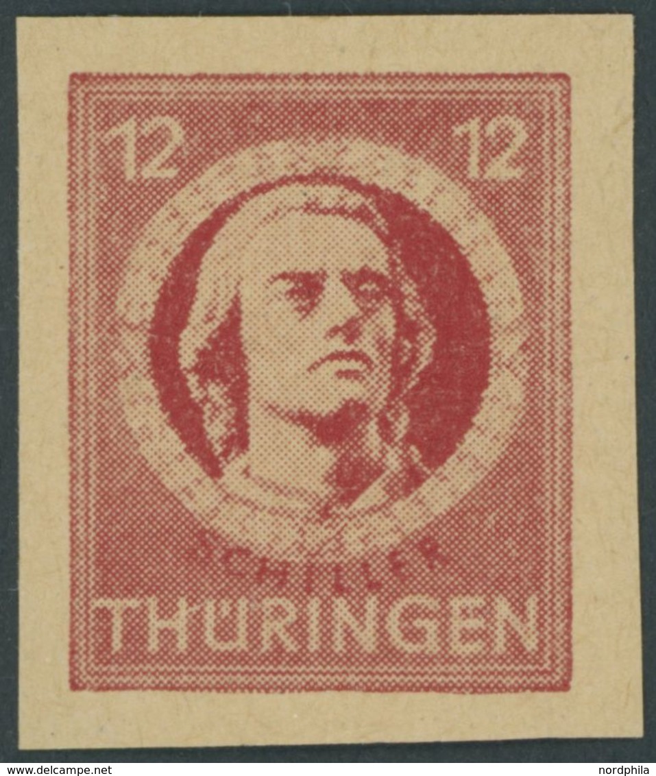 THÜRINGEN 97AXaqU **, 1945, 12 Pf. Karminrot, Vollgummierung, Graues Kartonpapier, Ungezähnt Und Deutlicher Abklatsch, P - Sonstige & Ohne Zuordnung