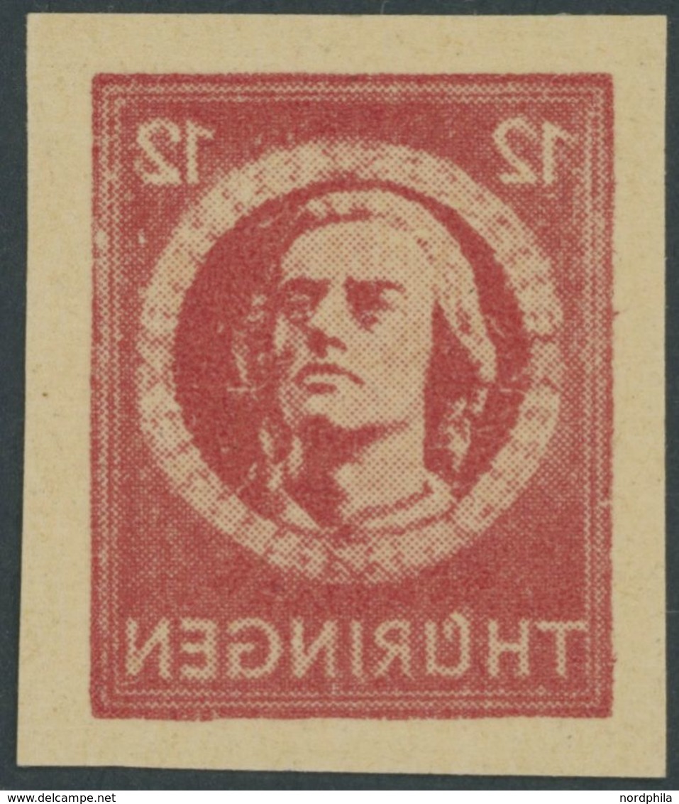 THÜRINGEN 97AXaqU **, 1945, 12 Pf. Karminrot, Vollgummierung, Graues Kartonpapier, Ungezähnt Und Deutlicher Abklatsch, P - Altri & Non Classificati