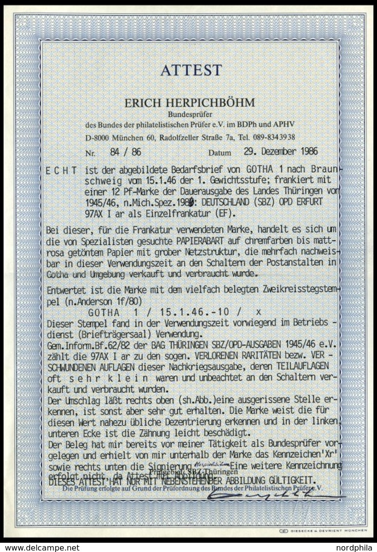 THÜRINGEN 97AXar BRIEF, 1945, 12 Pf. Karminrot, Vollgummierung, Hellchromgelbes Papier, Dicke Gummierung, Type I, Einzel - Other & Unclassified