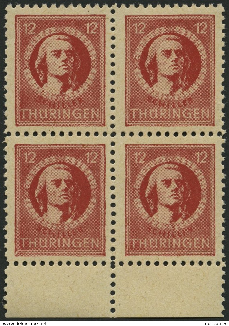 THÜRINGEN 97AXbt VB **, 1945, 12 Pf. Dunkelbräunlichrot, Vollgummierung, Gelblichgraues Papier, Im Randviererblock, Prac - Sonstige & Ohne Zuordnung