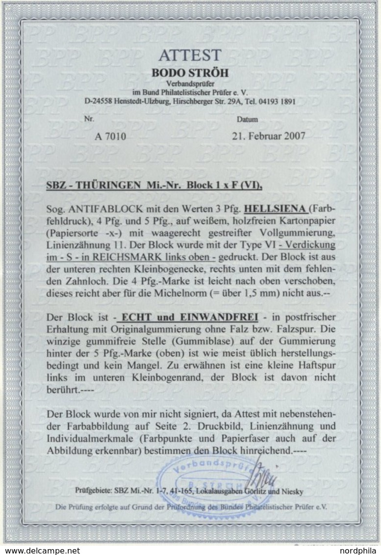 THÜRINGEN Bl. 1xb **, 1945, Block Antifa, Weißes Kartonpapier, Type VI, Mi.Nr. 100 In Hellsiena, Pracht, Fotoattest Strö - Autres & Non Classés
