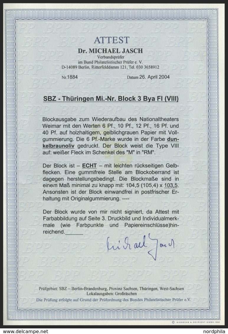 THÜRINGEN Bl. 3Bbya **, 1945, Block Nationaltheater, Durchstochen, Mi.Nr. 107 In Dunkelbraunoliv, Feinst, Fotoattest Jas - Altri & Non Classificati