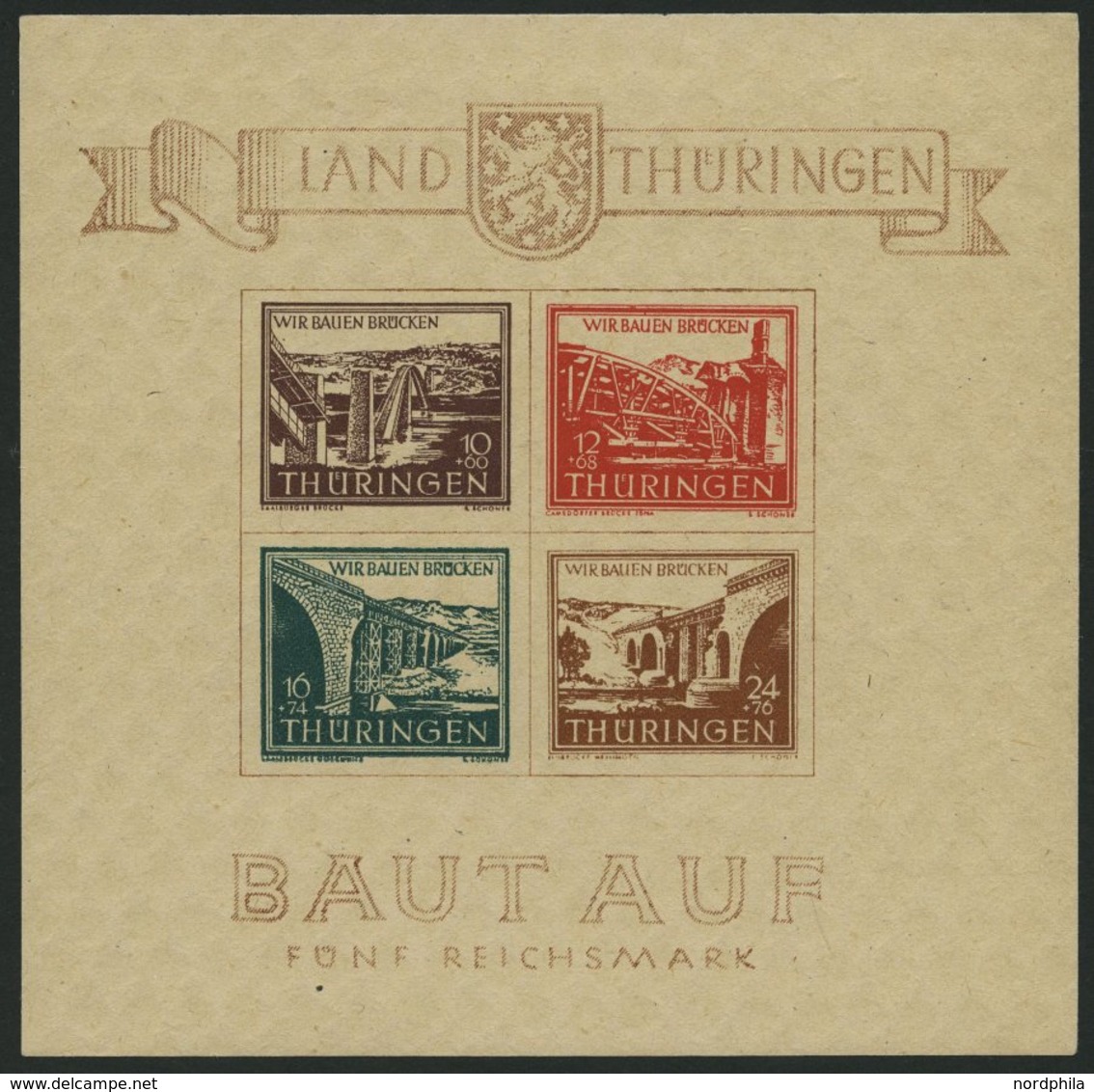 THÜRINGEN Bl. 4a **, 1946, Brückenblock, Type I, Pracht, Mi. 420.- - Otros & Sin Clasificación