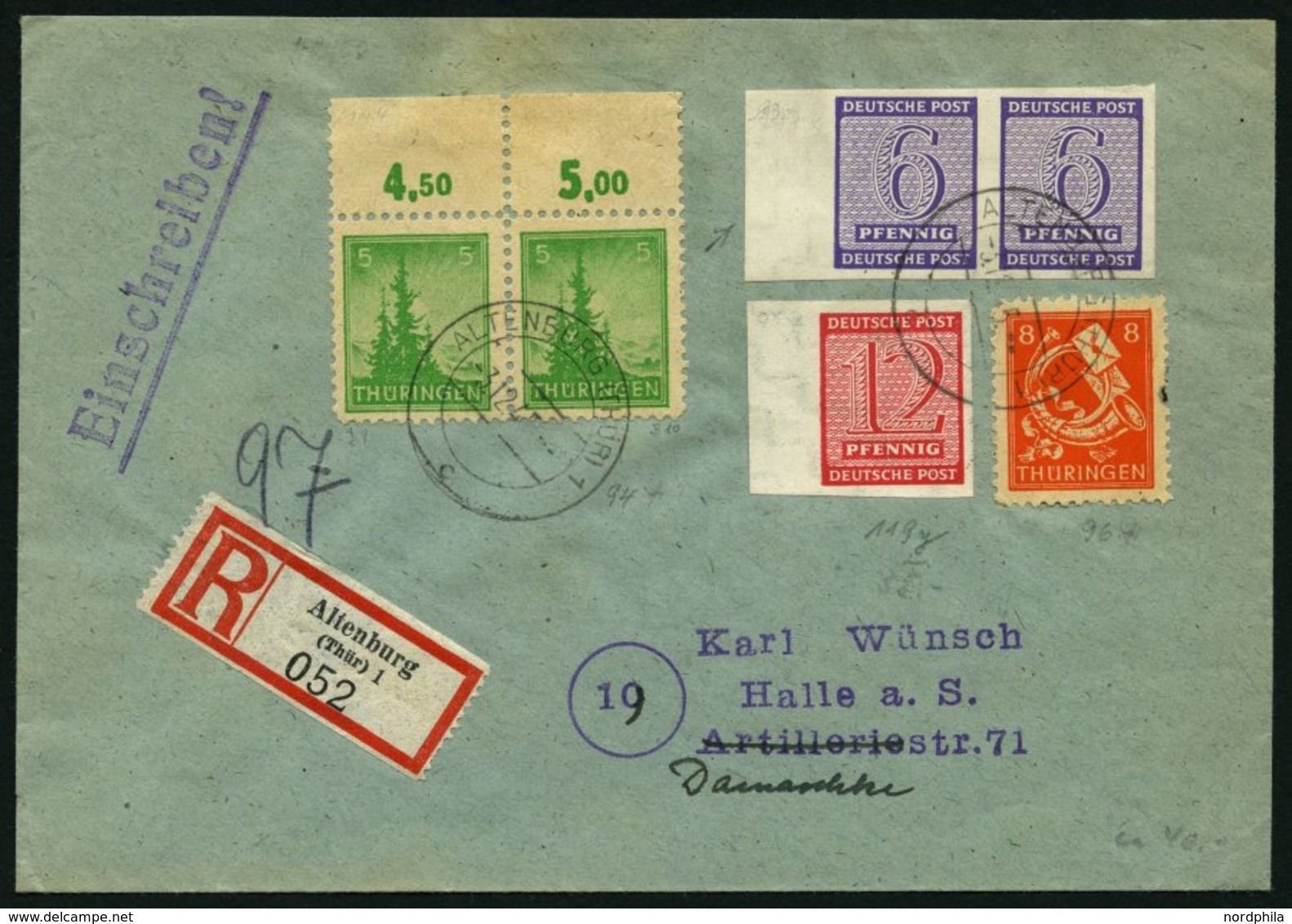 WEST-SACHSEN 119Y BRIEF, 1945, 12 Pf. Lebhaftkarminrot, Wz. 1Y, Mit Zusatz-Mischfrankatur Auf Einschreibbrief Aus ALTENB - Other & Unclassified