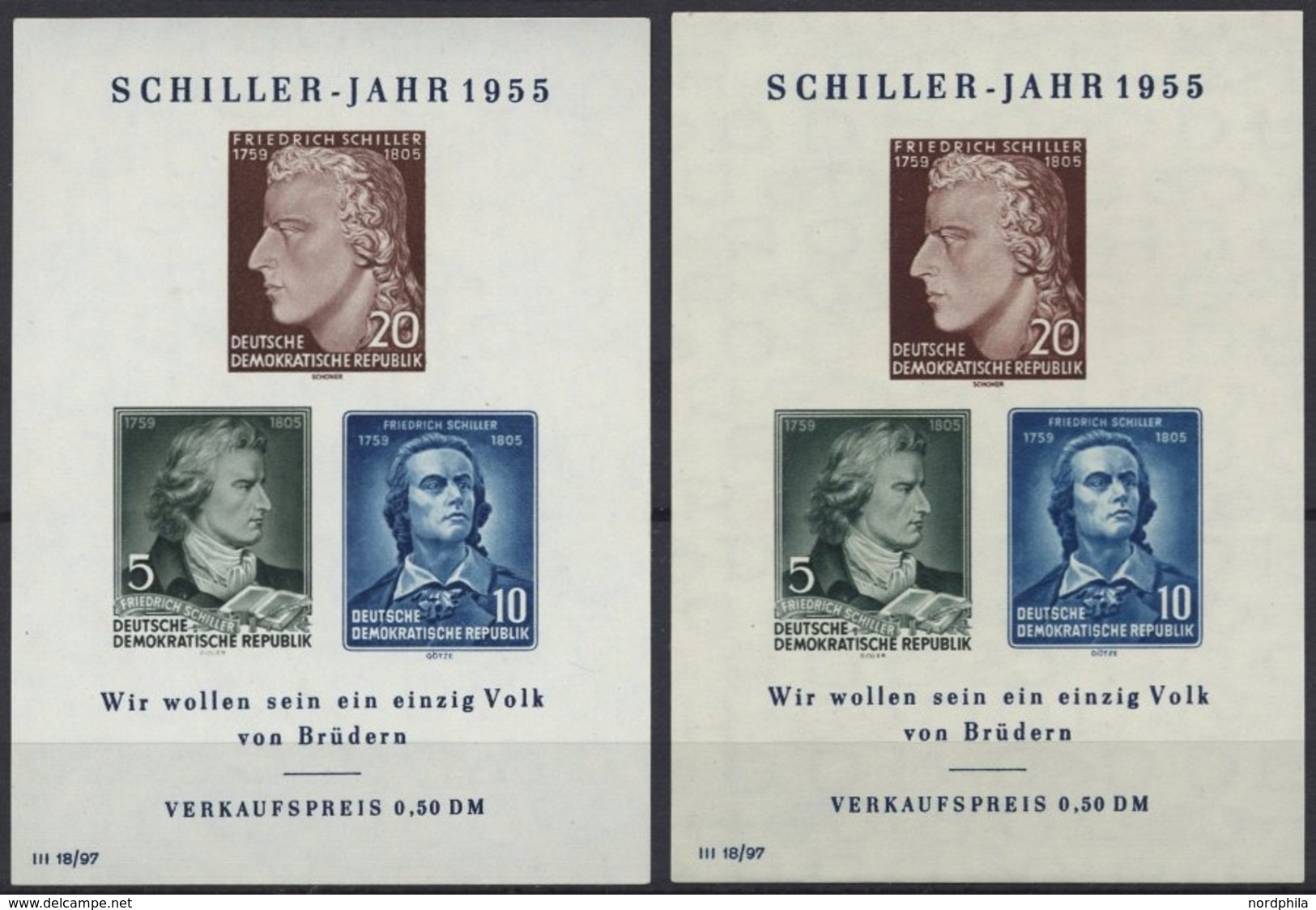 DDR Bl. 12IV/XI,II **, 1955, Block Schiller Mit Abart Vorgezogener Fußstrich Bei J, Beide Wz., 2 Prachtblocks - Sonstige & Ohne Zuordnung