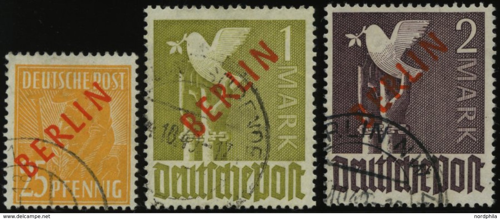 BERLIN 27,33/4 O, 1949, 25 Pf., 1 Und 2 M. Rotaufdruck, 3 Werte üblich Gezähnt Pracht, Gepr. Schlegel, Mi. 885.- - Andere & Zonder Classificatie