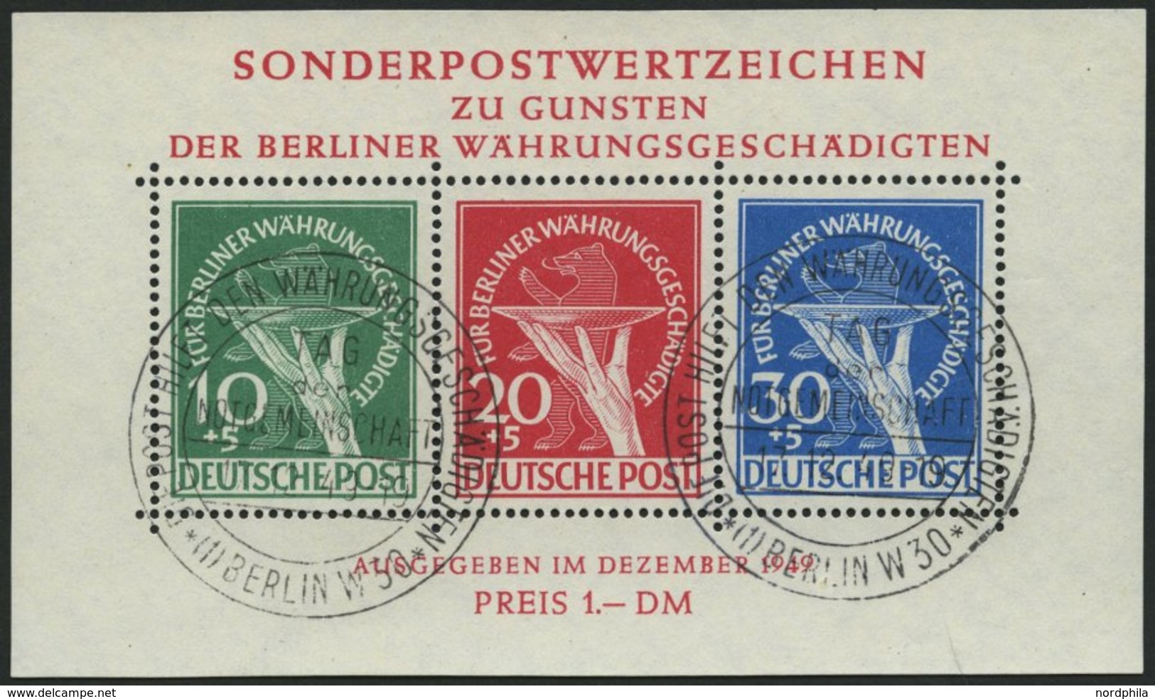 BERLIN Bl. 1II O, 1949, Block Währungsgeschädigte, Beide Abarten, Ersttagssonderstempel, Pracht, Gepr. Schlegel, Mi. (35 - Otros & Sin Clasificación