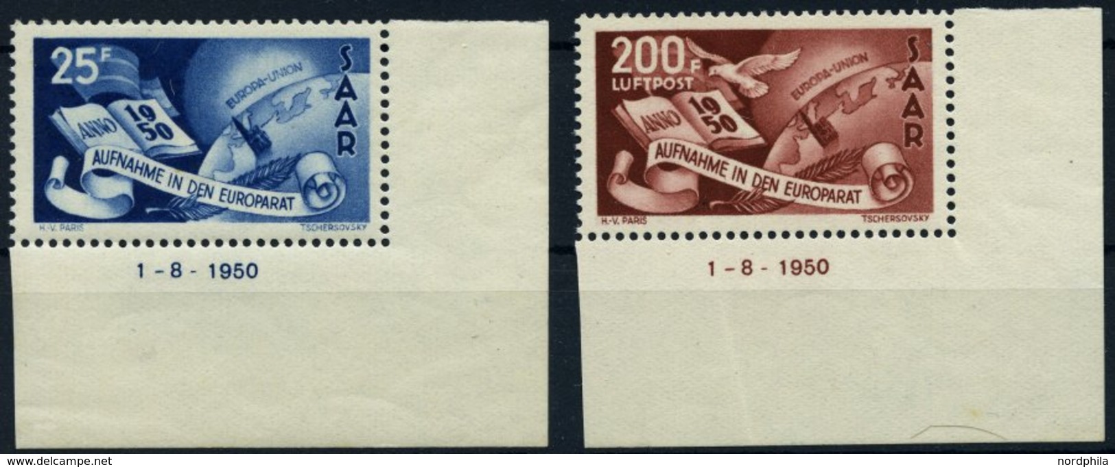 SAARLAND 297/8Br **, 1950, Europarat, 2 Randstücke Mit Druckdatum 1.8.1950, Pracht, Mi. 550.- - Autres & Non Classés