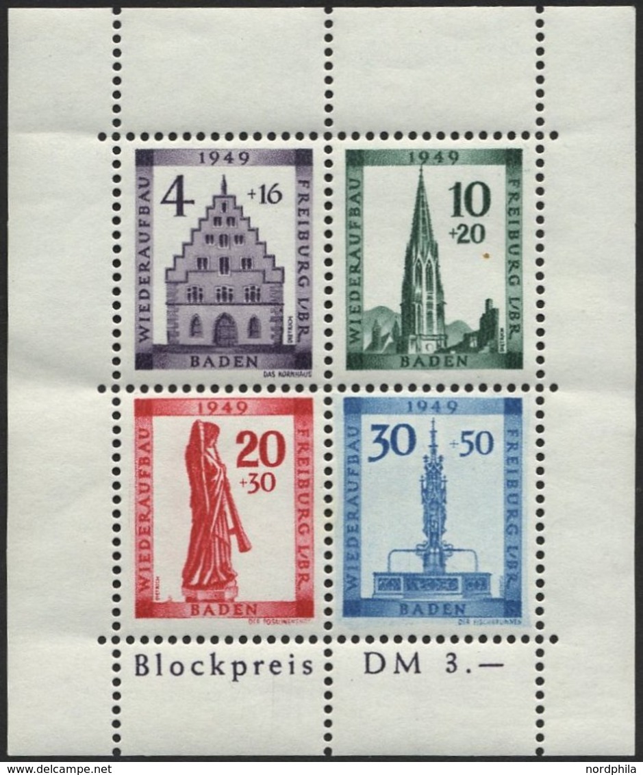 BADEN Bl. 1AI **, 1949, Block Freiburg, Gezähnt, Mit Abart Sirene Neben Sockel Des Engels, Feinst, Mi. 300.- - Autres & Non Classés