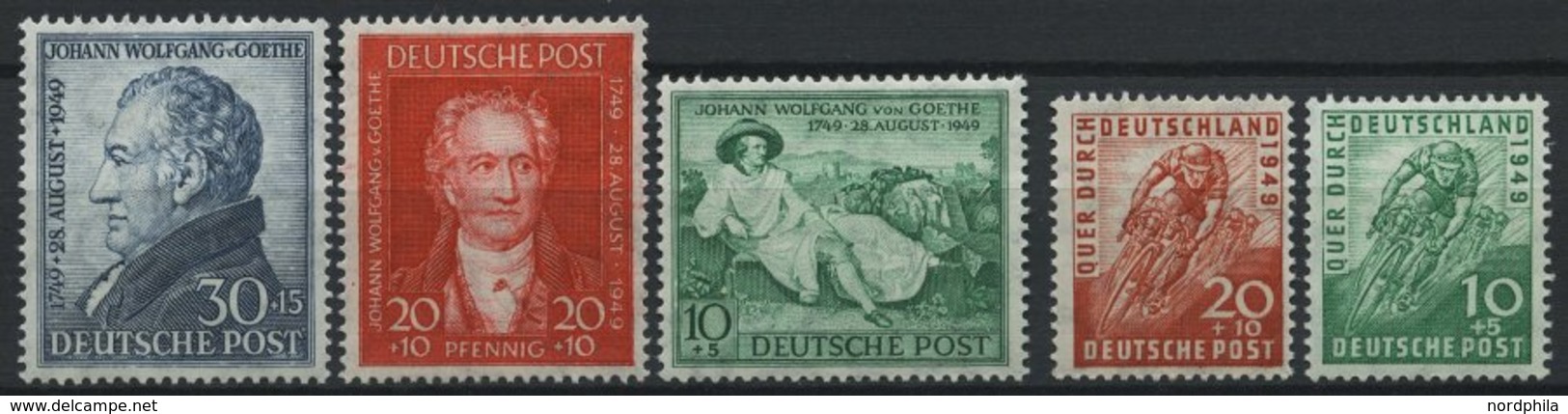 AMERIK. U. BRITISCHE ZONE 106-10 **, 1949, Radrennen Und Goethe, 2 Prachtsätze, Mi. 62.- - Autres & Non Classés