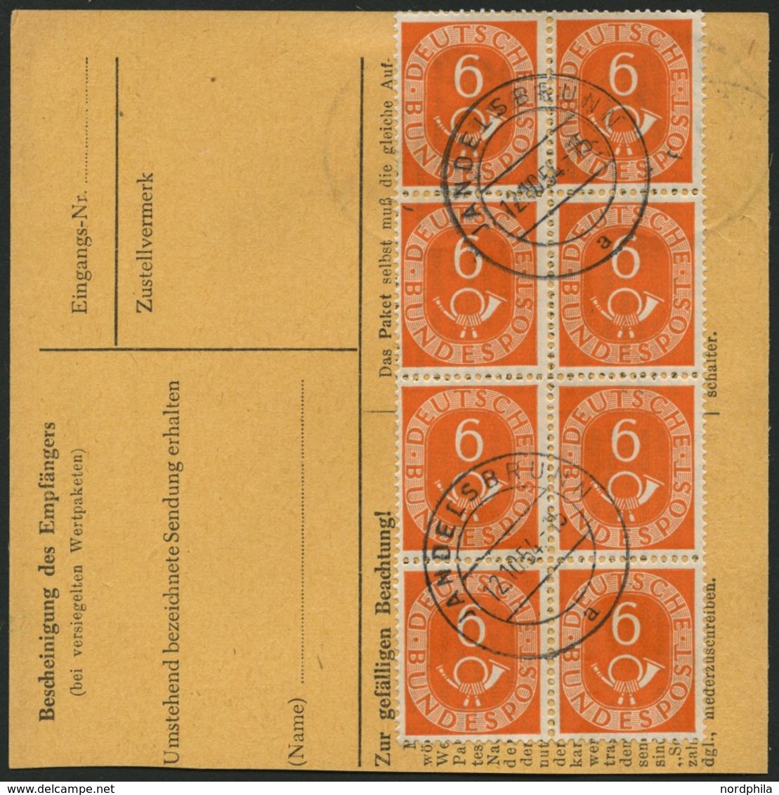 BUNDESREPUBLIK 126 BRIEF, 1954, 6 Pf. Posthorn Im Achterblock (rückseitig) Und Waagerechten Paar (vorderseitig) Als Selt - Used Stamps