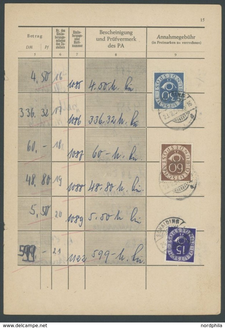 BUNDESREPUBLIK 129 BRIEF, 1954, Annahmebuch (Land), Zustellbezirk I In Schalding, 32 Seiten Komplett, Die Gebühr Wurde M - Used Stamps