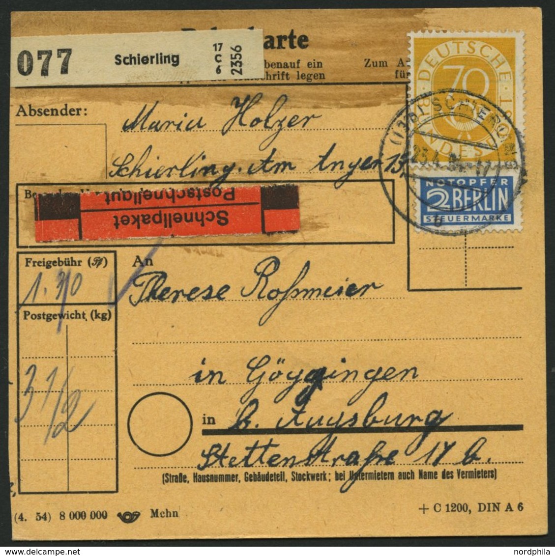 BUNDESREPUBLIK 132 Paar BRIEF, 1954, 30 Pf. Posthorn Im Waagerechten Paar Rückseitig Mit 110 Pf. Zusatzfrankatur Auf Pak - Used Stamps