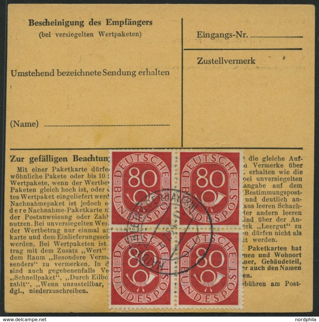 BUNDESREPUBLIK 137 VB BRIEF, 1954, 80 Pf. Posthorn Im Viererblock Rückseitig Mit 50 Pf. Zusatzfrankatur Auf Paketkarte A - Usati