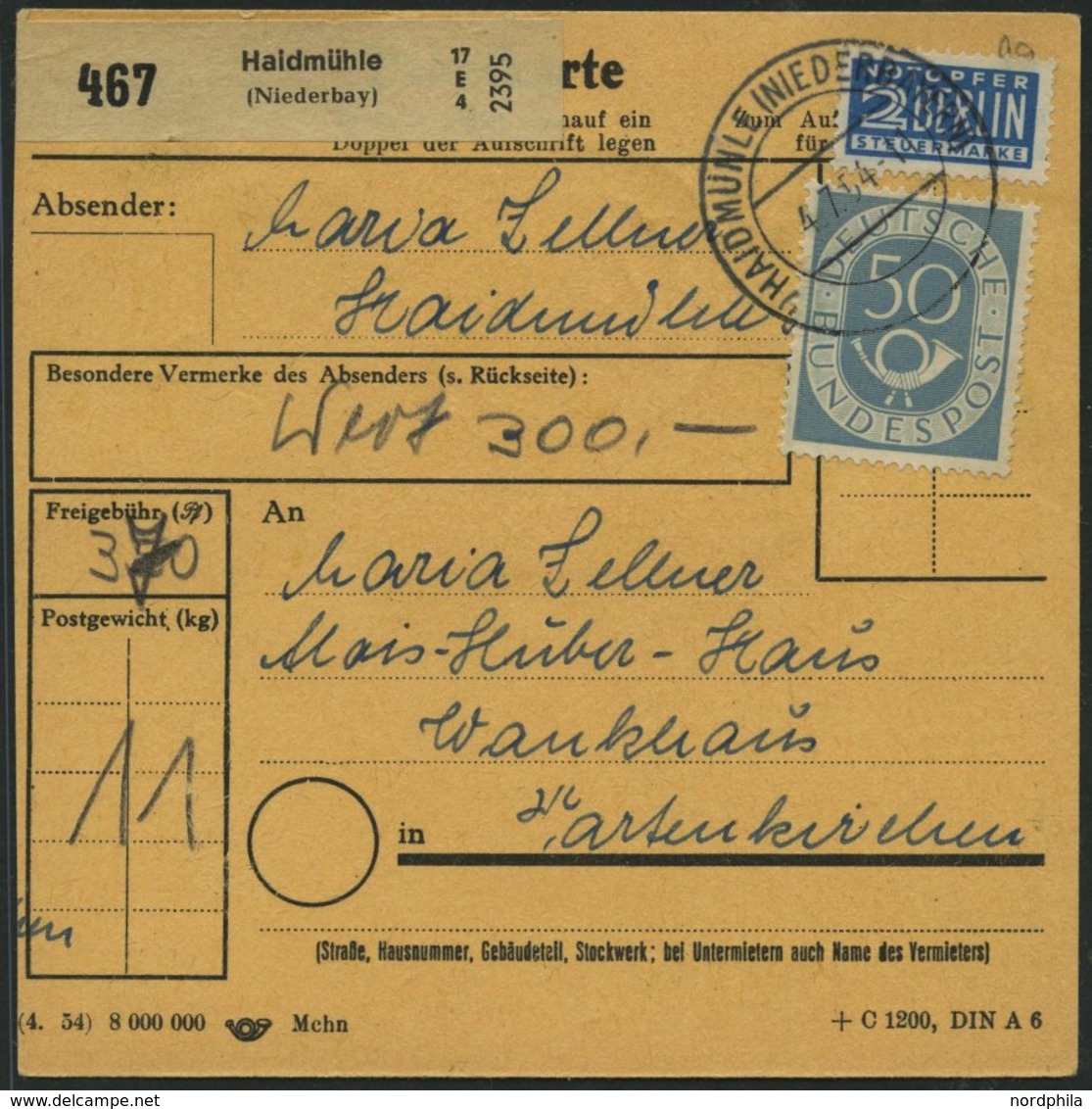 BUNDESREPUBLIK 137 VB BRIEF, 1954, 80 Pf. Posthorn Im Viererblock Rückseitig Mit 50 Pf. Zusatzfrankatur Auf Paketkarte A - Gebraucht