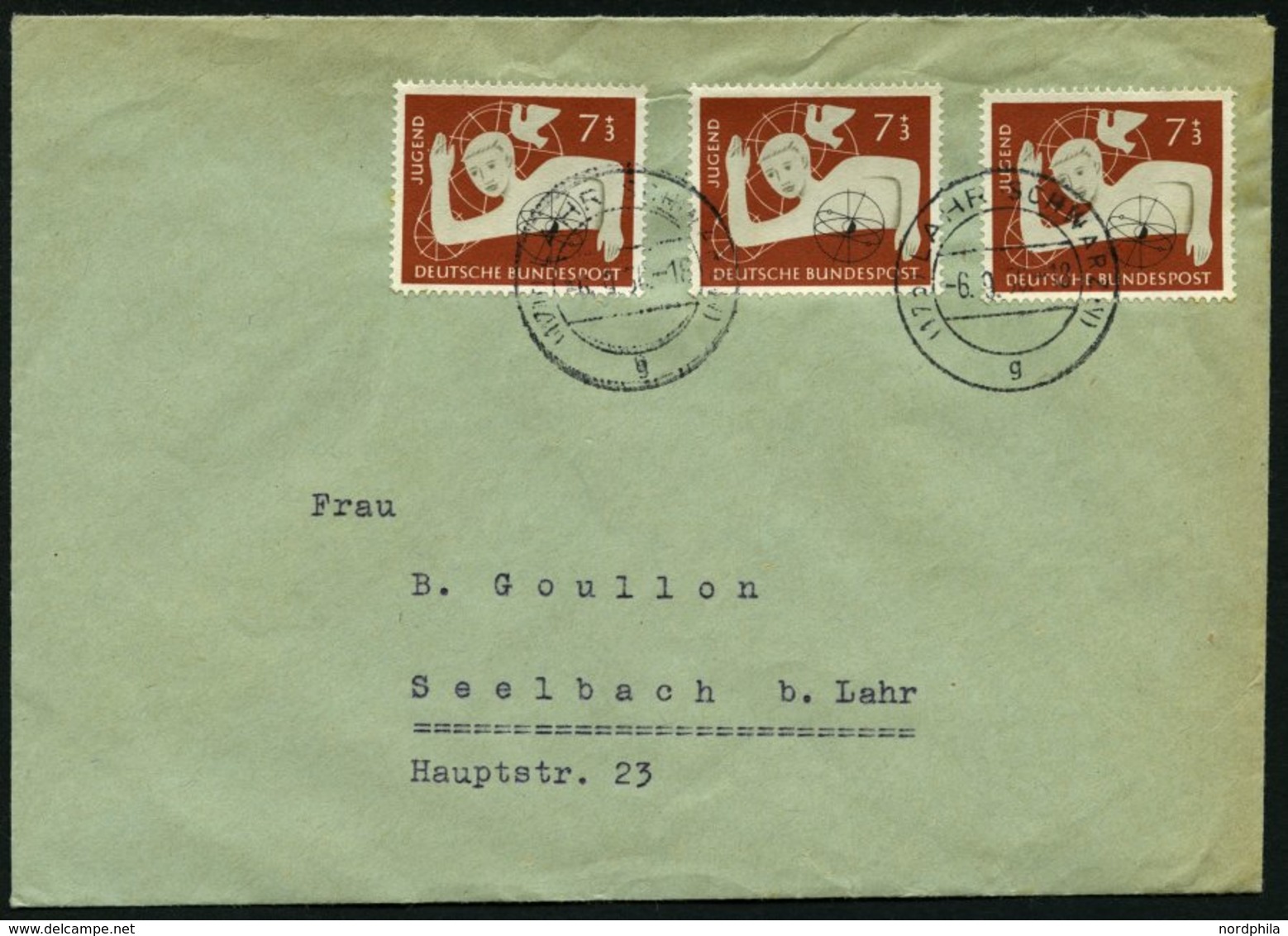 BUNDESREPUBLIK 232 BRIEF, 1956, 7 Pf. Jugend, 3x Auf Prachtbrief, Mi. 100.- - Oblitérés