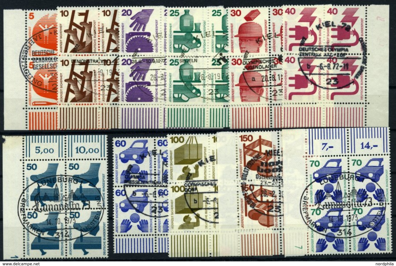 BUNDESREPUBLIK 694-703,773 VB O, 1971/3, Unfallverhütung In Viererblocks Aus Der Bogenecke, Teils Mit Druckereizeichen,  - Used Stamps