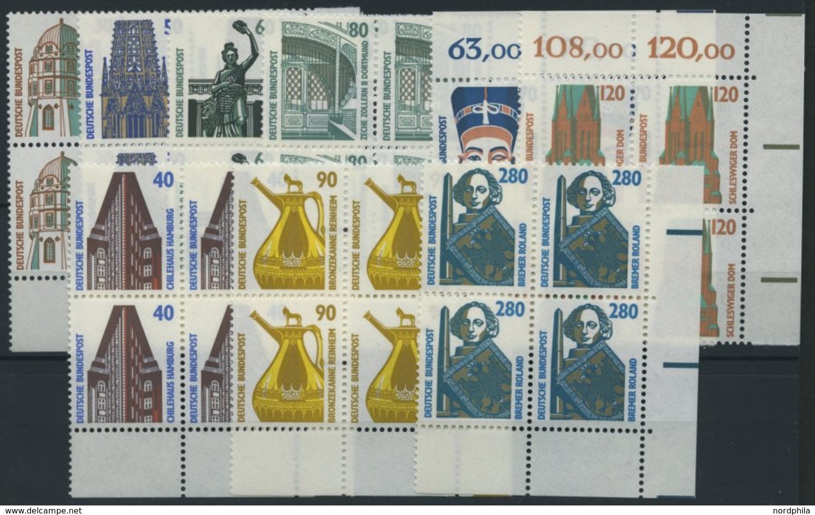 BUNDESREPUBLIK 1339-42,74/5,79-81 VB **, 1987/8, Sehenswürdigkeiten In Viererblocks, Eckrandstücke, Pracht, Mi. (67.-) - Used Stamps