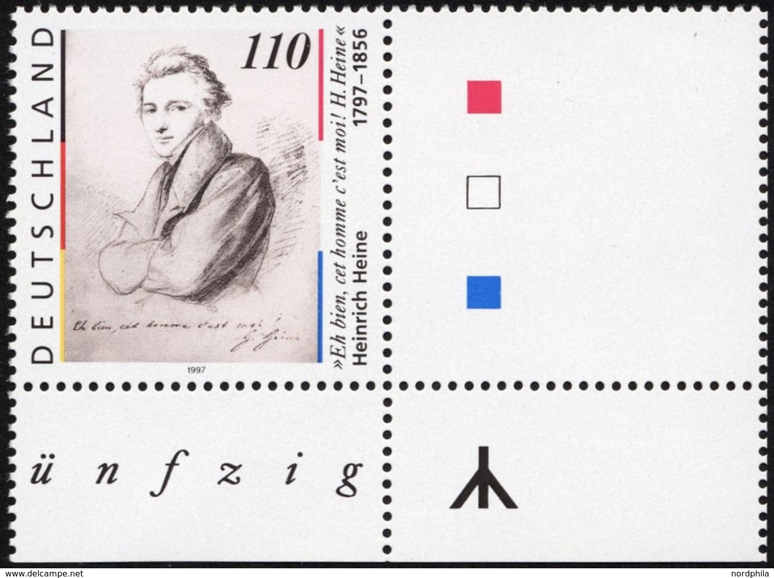 BUNDESREPUBLIK 1962L **, 1997, 110 Pf. Heinrich Heine Mit Rechts Anhängendem Leerfeld, Pracht, Mi. -.- - Oblitérés