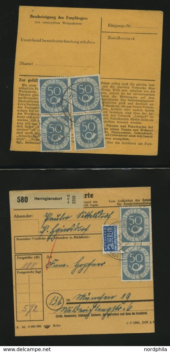 SAMMLUNGEN 1953/4, interessante Sammlung von 40 Paketkarten mit verschiedenen Posthorn-Frankaturen, dabei auch Einzelfra