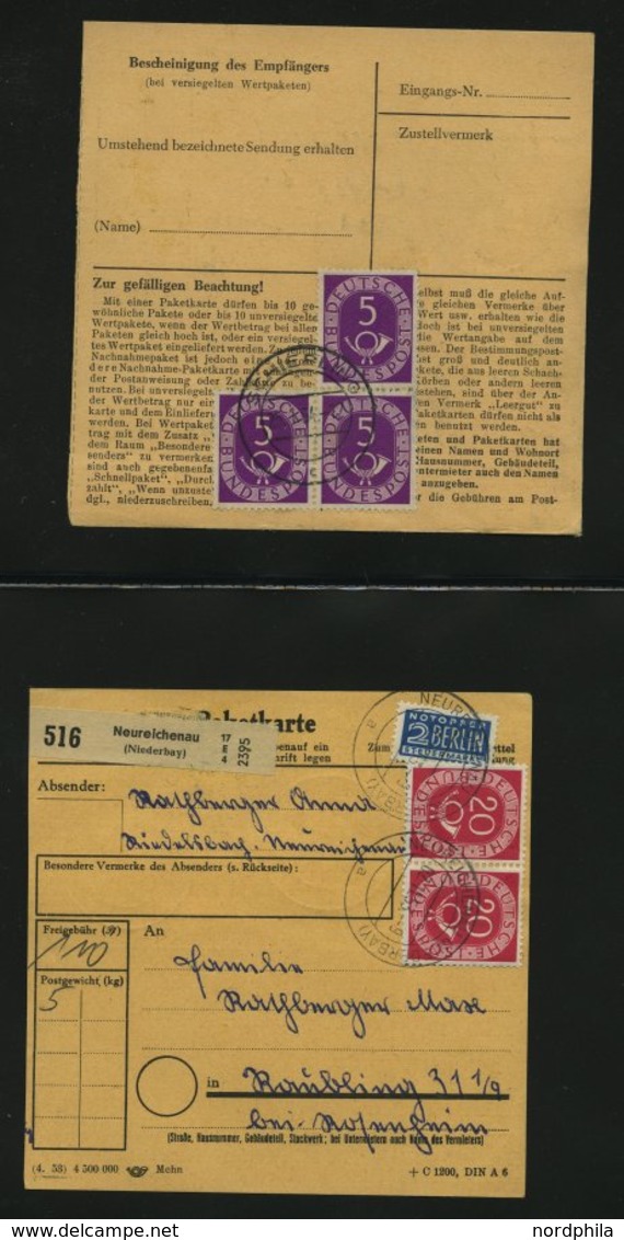 SAMMLUNGEN 1953/4, interessante Sammlung von 40 Paketkarten mit verschiedenen Posthorn-Frankaturen, dabei auch Einzelfra