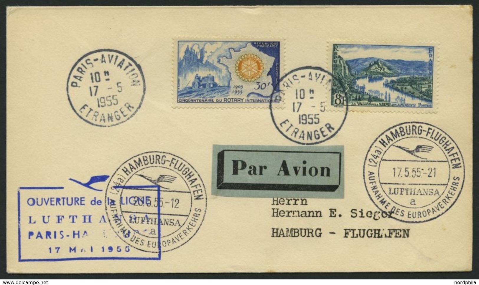 DEUTSCHE LUFTHANSA 33 BRIEF, 17.5.1955, Paris-Hamburg, Prachtbrief - Lettres & Documents