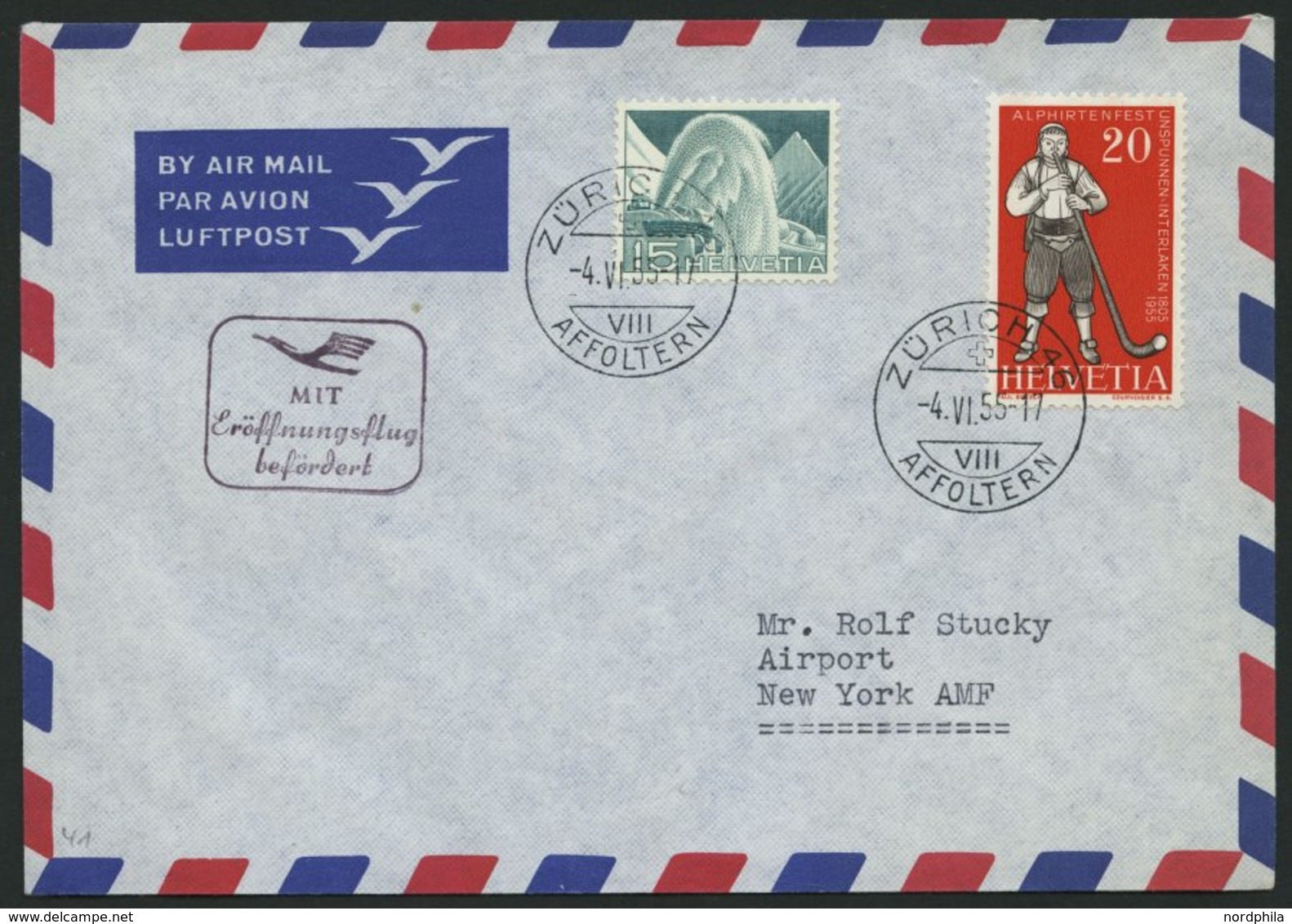 DEUTSCHE LUFTHANSA 41 BRIEF, 11.6.1955, Frankfurt-New York, Brief Aus Der Schweiz, Pracht - Covers & Documents