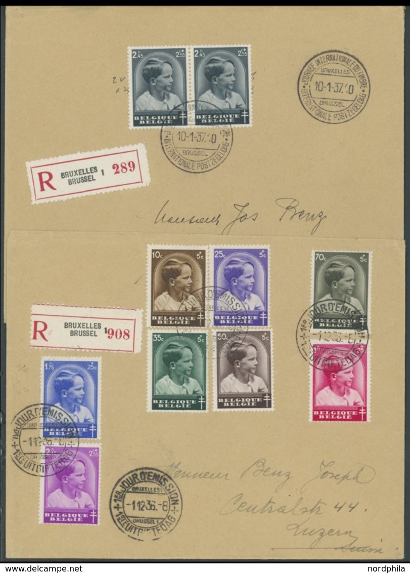 BELGIEN 434-42 BRIEF, 1936/7, Tuberkulose Und Tag Der Briefmarke, Je Auf FDC, 2 Einschreibbriefe In Die Schweiz, Pracht - 1849 Mostrine