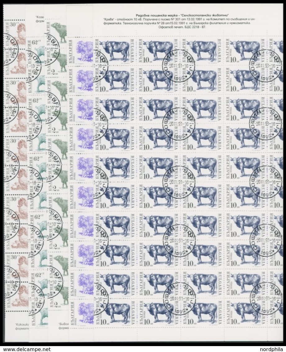 BULGARIEN 3881-84,3885 O, 1991, Haustiere, Je Im Bogen (100) Mit Zentrischen Stempeln, 2x Gefaltet, Pracht, Mi. 450.- - Otros & Sin Clasificación