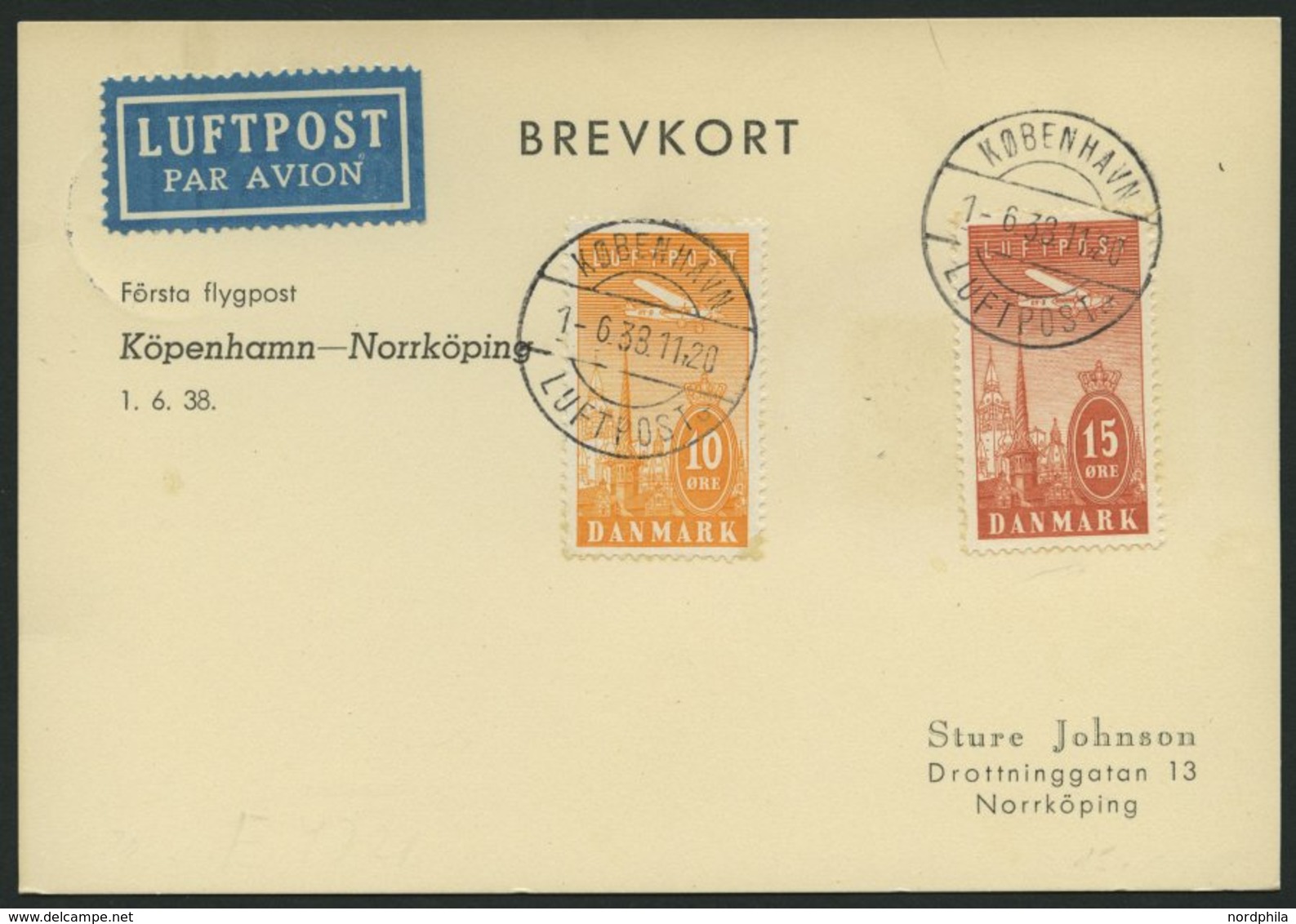 ERSTFLÜGE 1.6.1938, Kopenhagen-Norrköping-Stockholm, Prachtkarte - Otros & Sin Clasificación