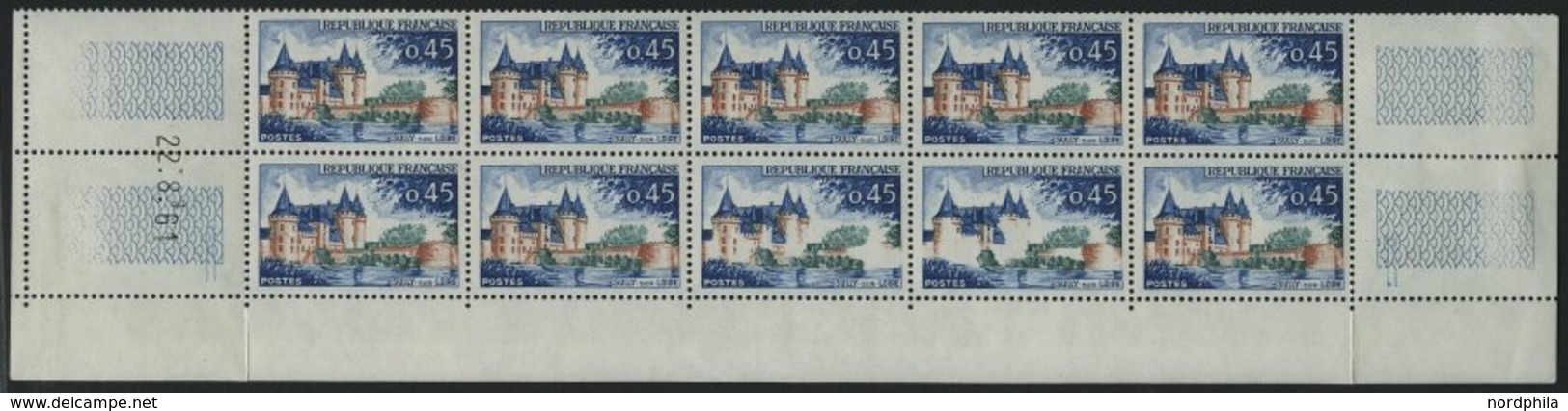 FRANKREICH 1367 **, 1961, 0.45 Fr. Sully-sur-Loire Im Zehnerblock, Dabei 2x Die Abart Weiße Burg (Yvert 1313a), Pracht,  - Autres & Non Classés