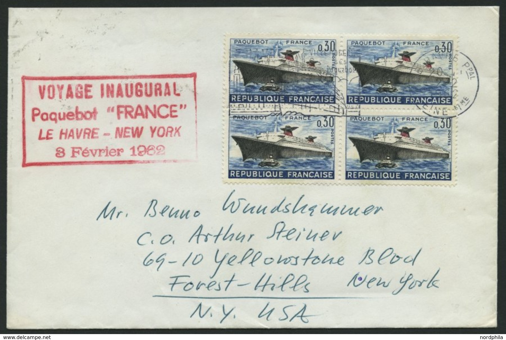 FRANKREICH 1378 VB BRIEF, 1962, 0,30 Fr. France Im Viererblock Auf Schiffspostbrief, Mit Der France Befördert, Roter R4, - Other & Unclassified