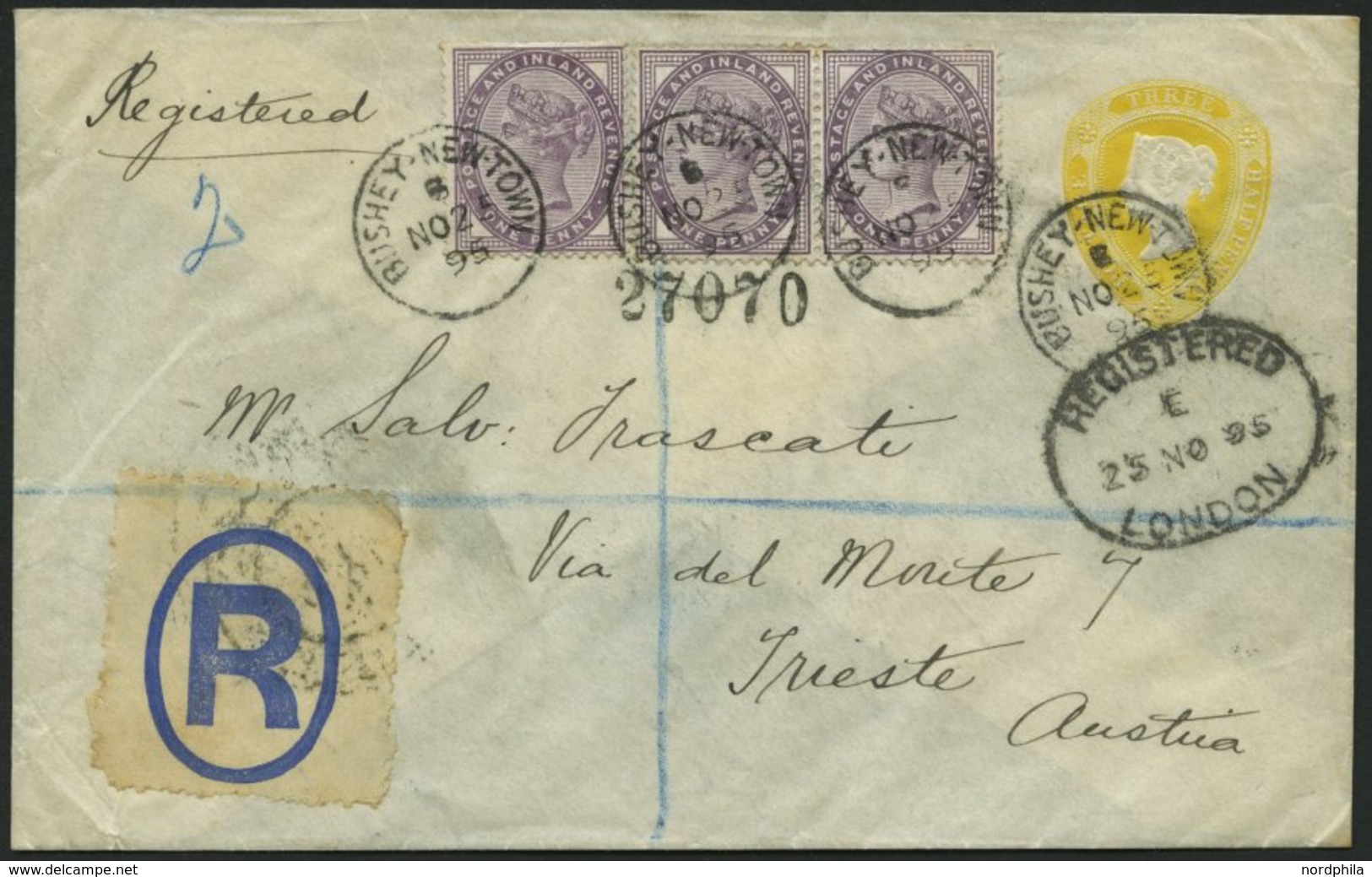 GROSSBRITANNIEN 65 BRIEF, 1895, 1 P. Königin Victoria Im Paar Und Einzelmarke Auf Privatganzsache 3 P. Gelb, R-Umschlag  - Usados