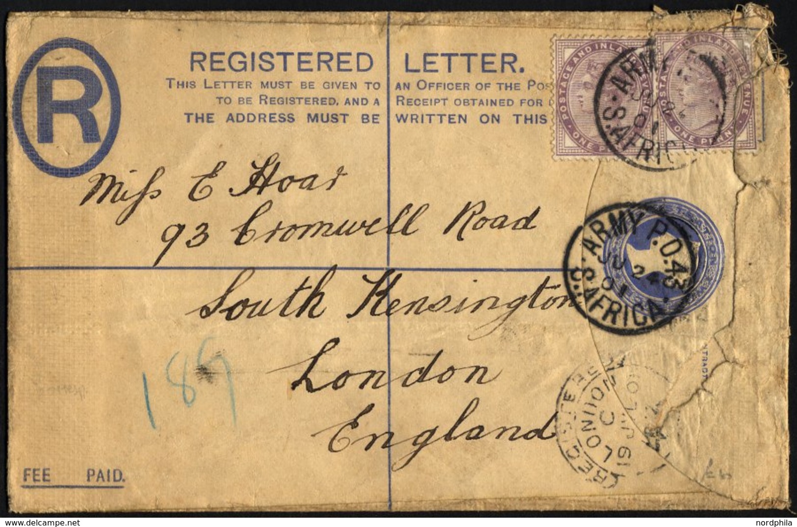 BRITISCHE MILITÄRPOST 65 BRIEF, 1901, 1 P. Königin Victoria (2x) Auf Feldpost-Einschreibbrief Mit K1 ARMY P.O.43/S. AFRI - Used Stamps