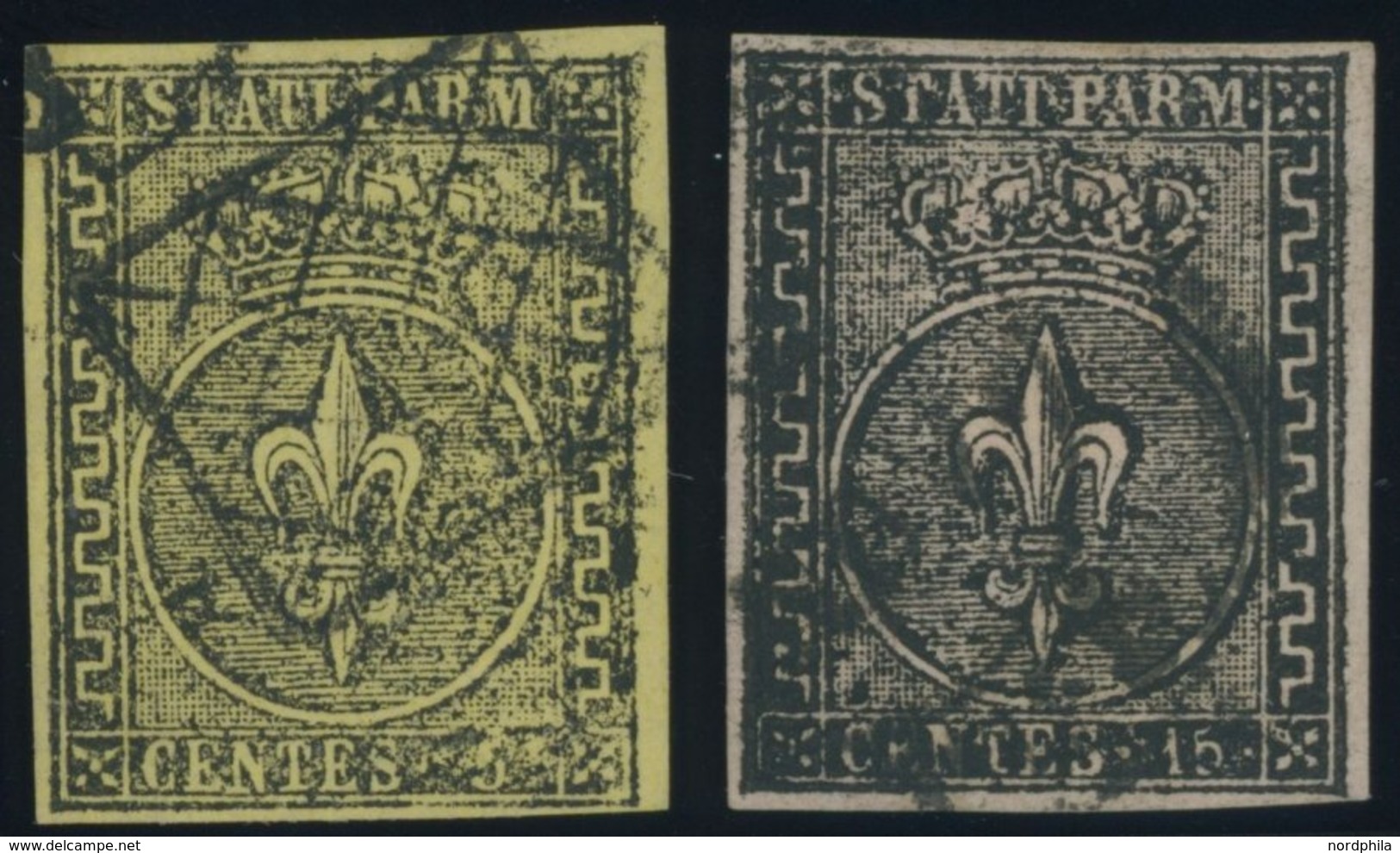 PARMA 1a,3 O, 1852, 5 C. Schwarz Auf Gelb Und 15 C. Schwarz Auf Rosa, 2 Prachtwerte, Gepr. E. Diena, Mi. 145.- - Parme