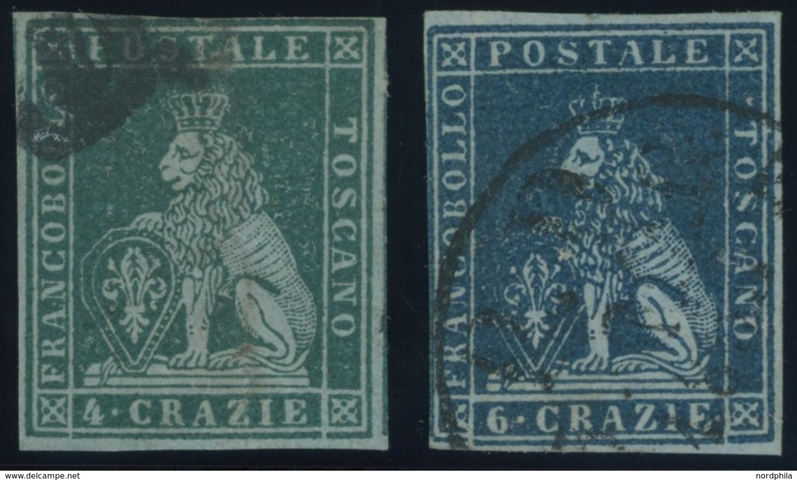 TOSCANA 6xb,7x O, 1851, 4 Cr. Blaugrün Und 6 Cr. Dunkelblau, Blaues Papier, 2 Werte Feinst, Mi. 420.- - Toscana