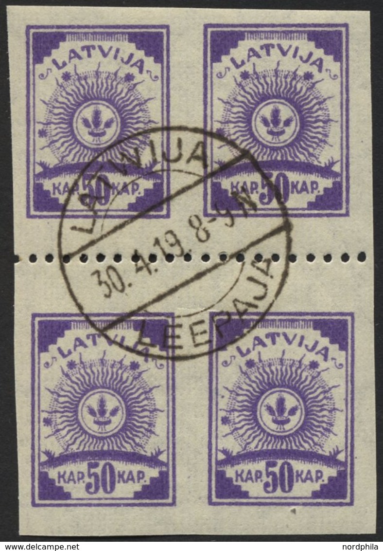 LETTLAND 22y VB O, 1919, 50 K. Violett, Senkrecht Geripptes Papier, Im Viererblock Mit Waagerechter Zähnung L 9 3/4, Pra - Lettonia