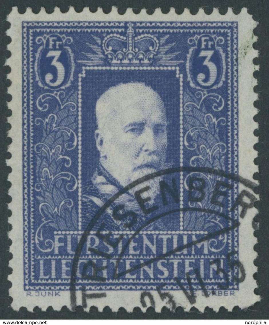 LIECHTENSTEIN 141I O, 1933, 3 Fr. Fürst Franz I, Pracht, Fotoattest Marxer, Mi. 280.- - Other & Unclassified