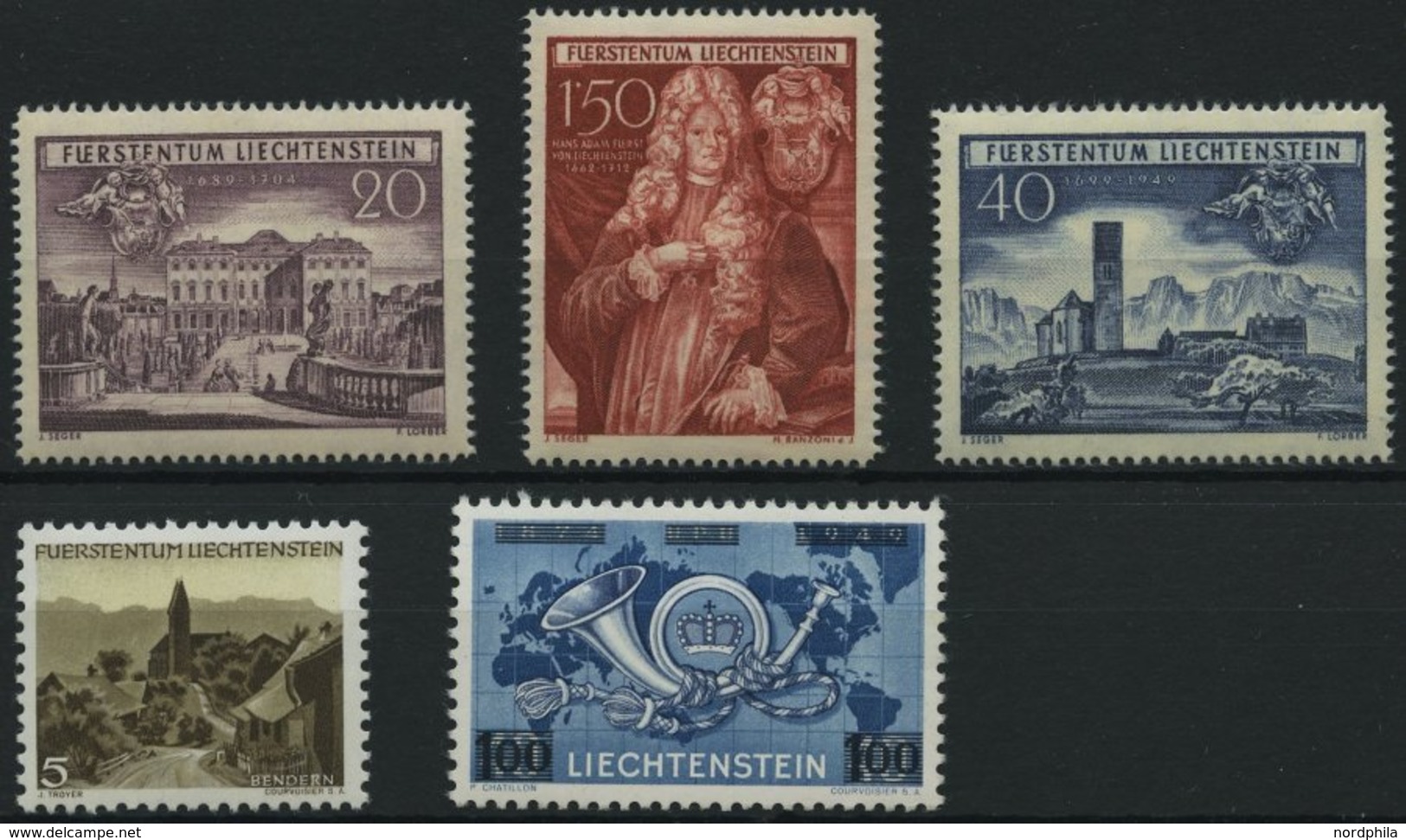 LIECHTENSTEIN 281-83,284,288 **, 1949/50, Reichsherrschaft Schellenberg, Bendern, UPU, 5 Prachtwerte, Mi. 126.- - Other & Unclassified