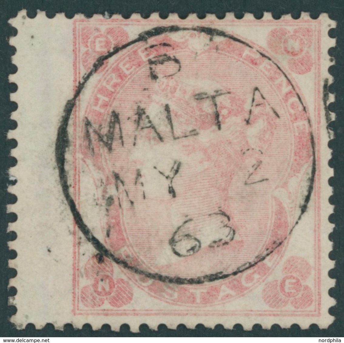 MALTA GB 18 O, Vorläufer: 1863, 3 P. Blaßkarminrosa (SG 77) Mit Breitrand, Zentrischer Stempel B MALTA, Feinst - Malta