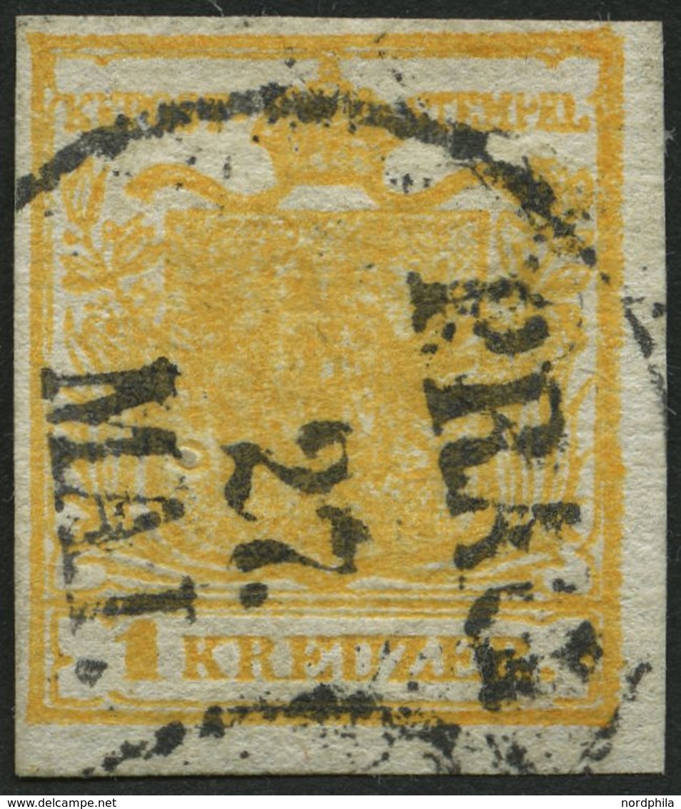 ÖSTERREICH 1Xb O, 1850, 1 Kr. Orange, Handpapier, Ovalstempel PRAG, Pracht, Gepr. A. Diena - Gebraucht