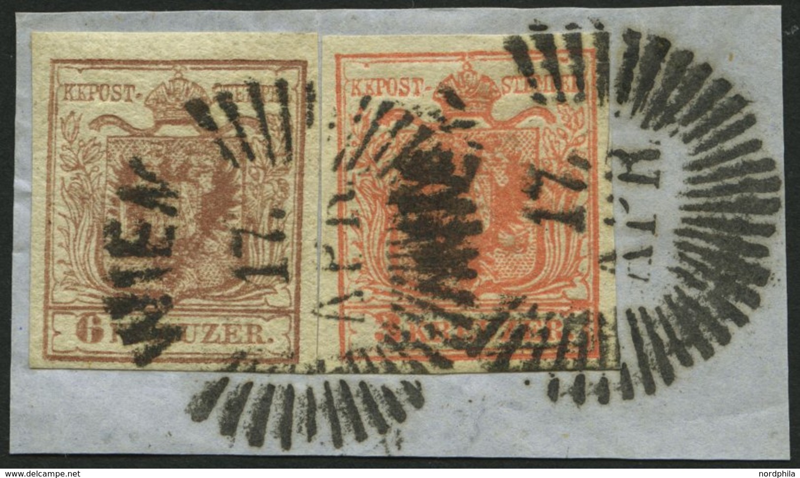 ÖSTERREICH 3,4X BrfStk, 1850, 3 Kr. Rot Und 6 Kr. Braun, Handpapier, Strahlenstempel WIEN, Prachtbriefstück - Used Stamps