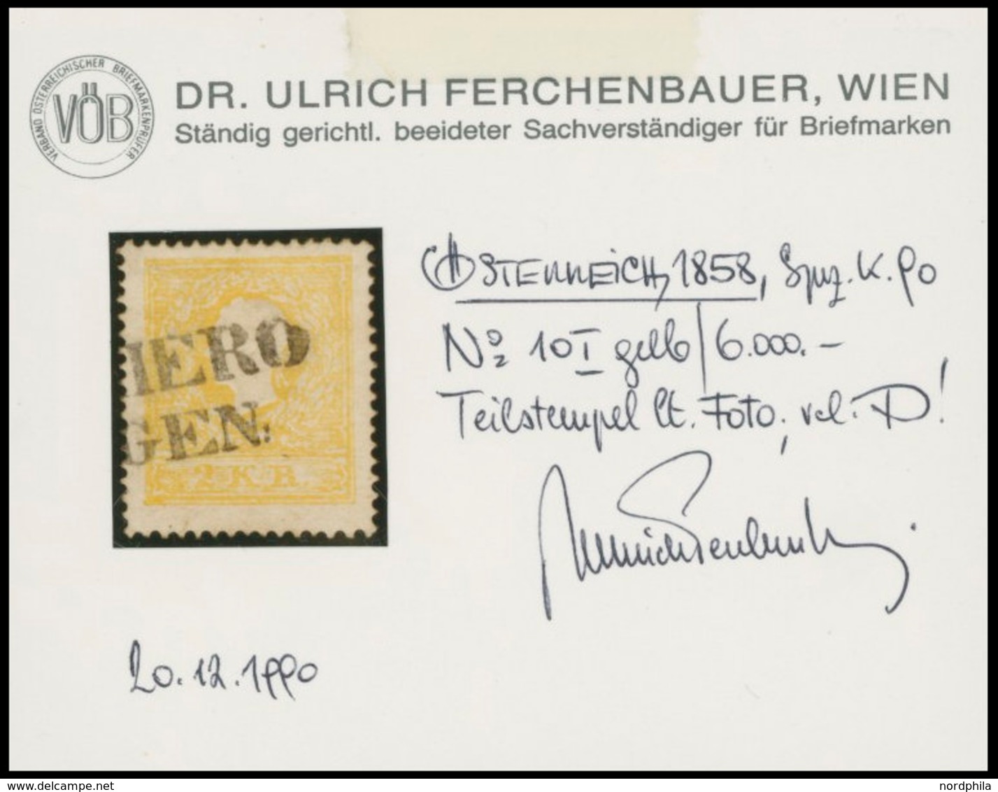 ÖSTERREICH BIS 1867 10Ia O, 1858, 2 Kr. Gelb, Type I, Kabinett, Fotobefund Dr. Ferchenbauer, Mi. 500.- - Usati