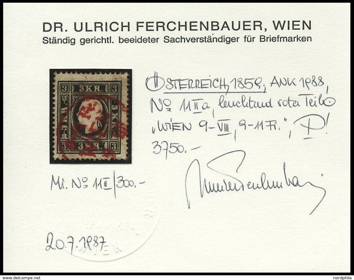 ÖSTERREICH 11II O, 1858, 3 Kr. Schwarz, Type II, Roter K1 WIEN, Pracht, Fotobefund Dr. Ferchenbauer - Gebraucht