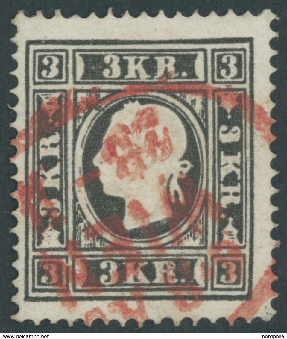 ÖSTERREICH BIS 1867 11IIa O, 1858, 3 Kr. Schwarz, Type II, Roter Stempel, Pracht, Mi. 250.- - Used Stamps