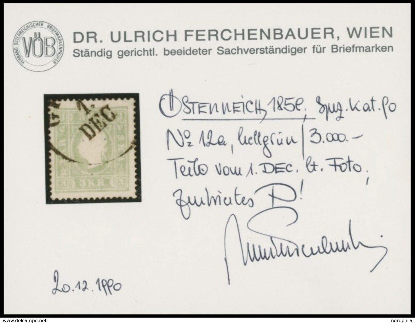 ÖSTERREICH BIS 1867 12a O, 1859, 3 Kr. Hellgrün, Pracht, Fotobefund Dr. Ferchenbauer, Mi. 180.- - Usati