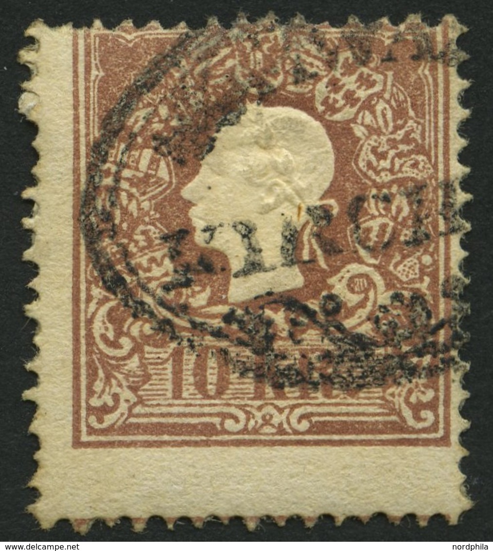 ÖSTERREICH 14II O, 1859, 10 Kr. Braun, Type II, Seltener Teilabschlag SCHWARZ/KIRCHEN, Pracht - Usados